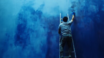 Artist on ladder painting a vast blue canvas, capturing creativity and artistry in a dynamic and immersive workspace.