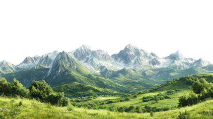 Stunning Mountain Landscape with Green Valleys and Snow-Capped Peaks – Pristine Wilderness Scenery for Nature Enthusiasts, Transparent Background