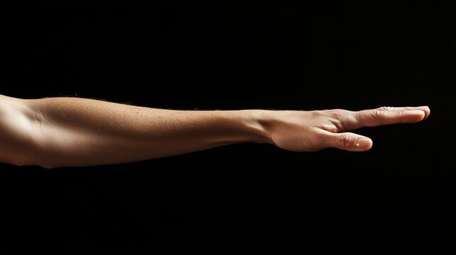A close-up of a human arm extended forward, fingers together, set against a dark background, highlighting skin texture.