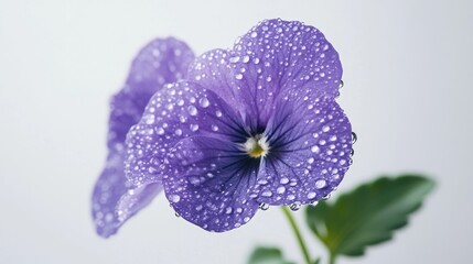 Obraz premium A delicate violet flower embellished with water droplets highlighting its natural beauty and freshness against a pristine white background