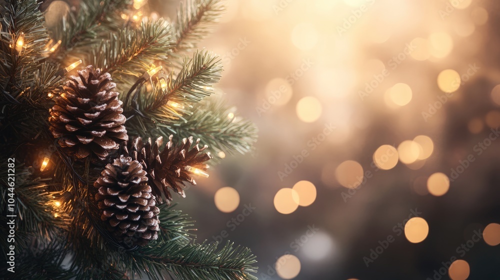 Aufkleber festive backdrop featuring a pine branch adorned with cones and string lights set against a soft blu