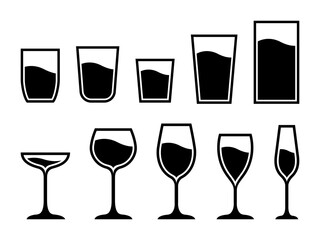 Water glass cup line icon. Glassware and Drinkware icons of beer, wine, alcohol, brandy, martini, champagne, milk, Cocktail, glasses royalty, Vector illustration isolated on transparent background.