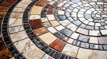 Fototapeta premium Close up view of mosaic marble ceramic tiles arranged on a bathroom floor showcasing intricate patterns and textures for a home improvement theme