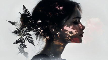 Fototapeta premium A girl's facial silhouette dissolving into fern leaves, the delicate foliage blending softly into her skin on a pale green background, ambient light creating a tranquil, surreal mood, hd quality,