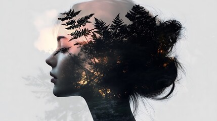 Fototapeta premium A girl's facial silhouette intertwined with fern leaves, the foliage blending seamlessly with her features on a pale green background, gentle light casting a peaceful and ethereal mood, hd quality,