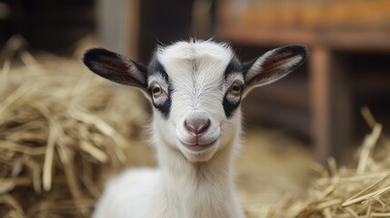 Fototapeta premium Young goat kid with blurred barn backdrop showcasing intricate details on its head