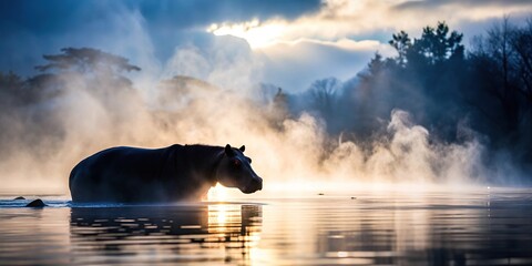 Silhouette of a hippo in a Japanese style hot spring during winter
