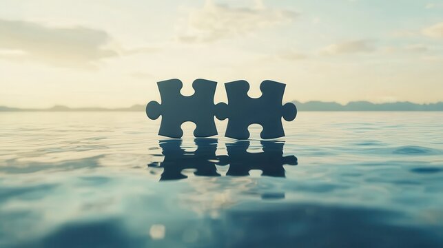 Two puzzle pieces connect above the calm water, symbolizing unity and the search for completeness against a serene backdrop.