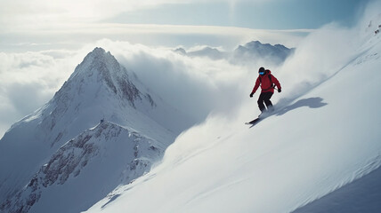 Snowboarder carving through fresh powder on a mountain slope in winter afternoon light