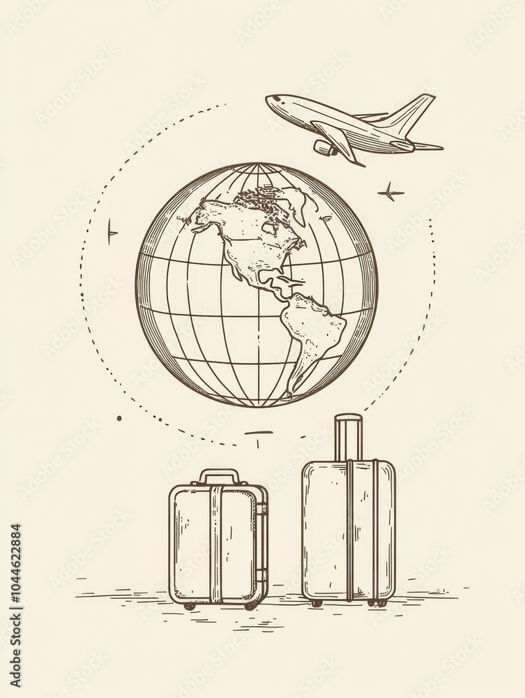 Aufkleber an airplane soars above a globe while two suitcases are positioned below, symbolizing the excitement