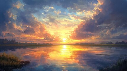 Fototapeta premium Lake with a beautiful sunset in the background. The water is calm and the sky is filled with clouds. The sun is shining brightly, creating a warm and peaceful . 