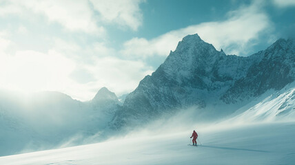 Snowboarder gliding down a snowy mountain at sunrise in a breathtaking winter landscape