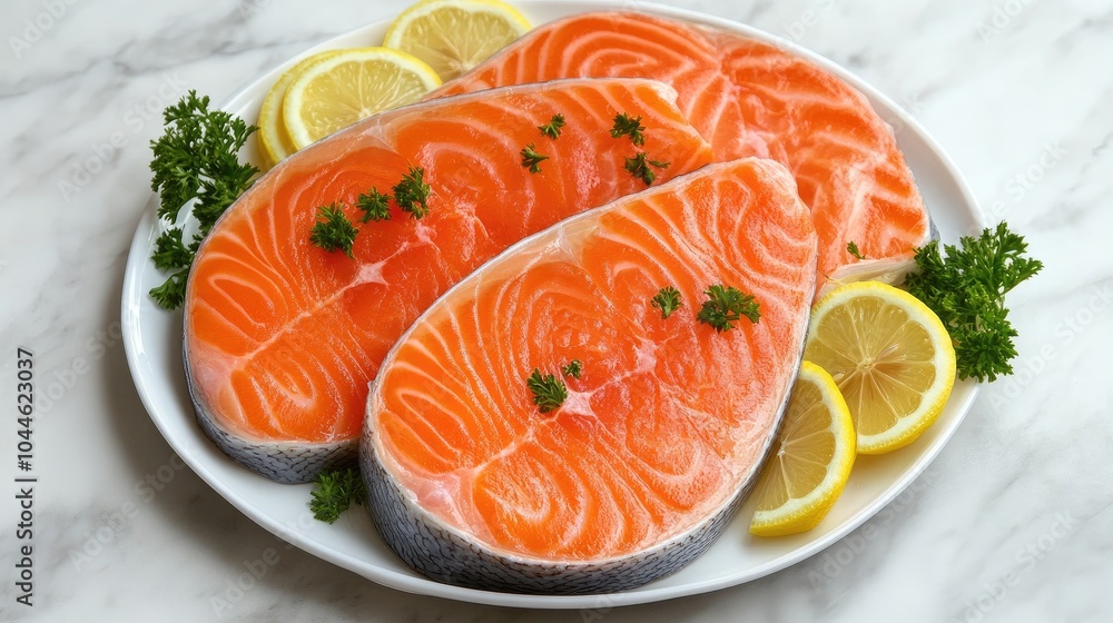 Poster Fresh Salmon Fillets on a Plate with Lemon Slices