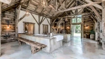 Rustic Barn Interior with Wooden Beams and Concrete Floor