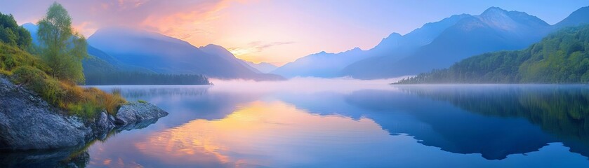 Fototapeta premium Serene mountain lake at sunrise with a reflection of the sky in the water.