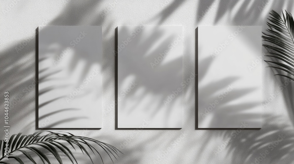 Poster three blank vertical rectangle poster or card mockups featuring soft shadows of palm tree leaves and