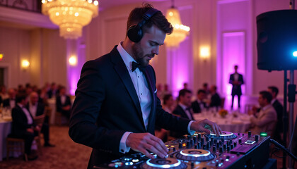 DJ concentrating at a corporate event with elegant decor and attentive audience
