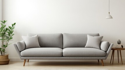 Stylish gray sofa in a bright living room featuring ample copy space