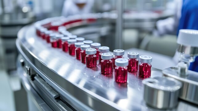 Medical vials being filled on an assembly line in a pharmaceutical manufacturing facility