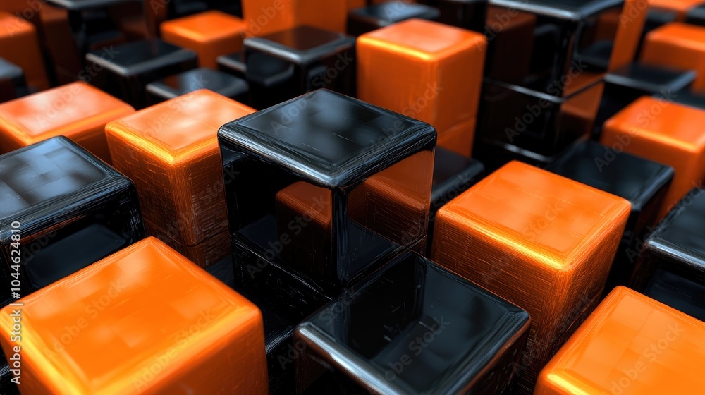 Poster orange and black cubes arranged to create a larger cube structure