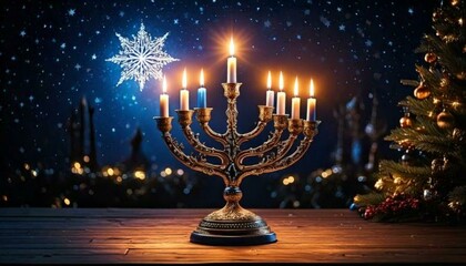 A warm, glowing scene of antique candles burning in a church, set in ornate gold and silver candlesticks, casting soft light and creating a vintage, holiday atmosphere