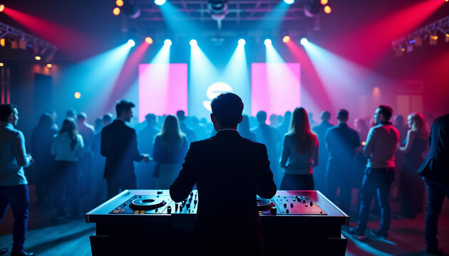 DJ performing energetically at a corporate event with illuminated stage and audience
