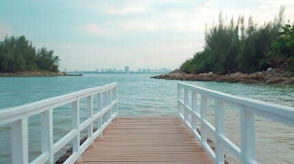 Obraz premium Serene wooden pier overlooking tranquil waters and lush greenery amidst a scenic urban skyline at dusk