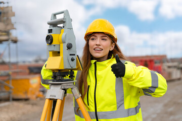 Young woman in bright safety gear operates a surveying instrument at a construction site on a sunny...