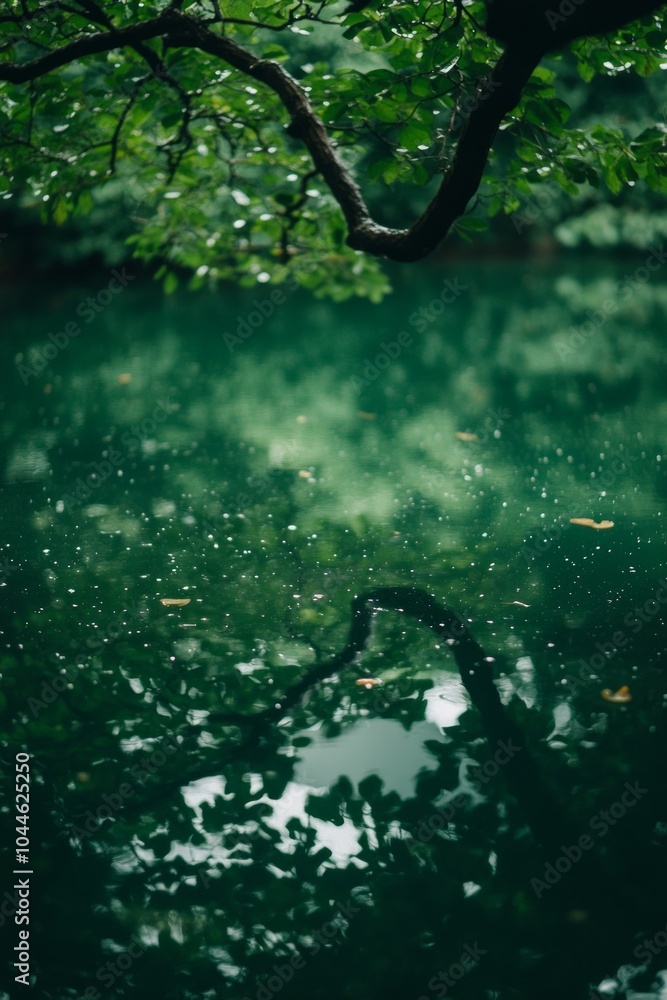 Poster the stillness of a pond captures the intricate reflections of trees overhead, creating a peaceful at