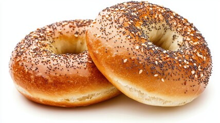 Freshly baked bagel with Sesame seed isolated on white background,Everything bagels topped with cream cheese,New York style bagels for breakfast,Homemade freshly baked bagels,space for text.