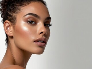 Naklejka premium Close up portrait of a woman with glowing skin, mixed race fashion model. Natural beauty, with defined eyebrows, subtle eye makeup