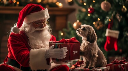 A warm indoor scene of Santa Claus cuddling pets on a sofa.