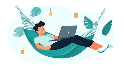 Person relaxing in a hammock using a laptop, surrounded by tropical leaves, ideal for leisure and work balance.