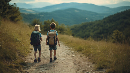 Enjoying a scenic hike on National Hiking Day with children in a mountainous landscape