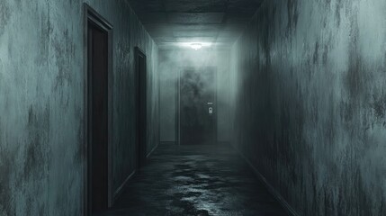 Mysterious Atmosphere in Empty Concrete Hallway Reveals Secrets Beyond the Door