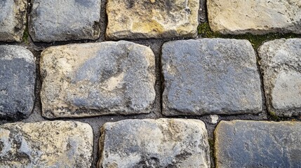 Fototapeta premium Close up view of aged stone paving blocks
