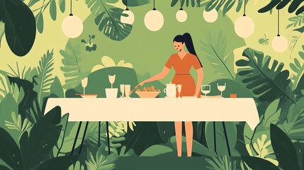 Woman arranging a table surrounded by lush greenery and soft lights, creating a festive atmosphere.
