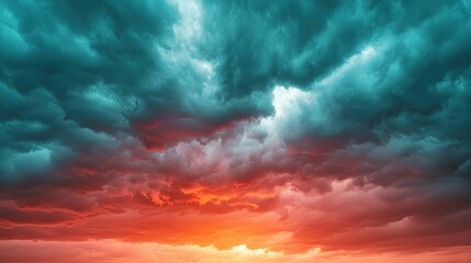 Obraz premium A dramatic sky filled with dark clouds and vibrant orange hues at sunset, creating a moody and captivating atmosphere.