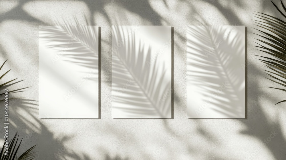 Poster three blank vertical rectangle poster or card mockups featuring soft shadows of palm tree leaves and