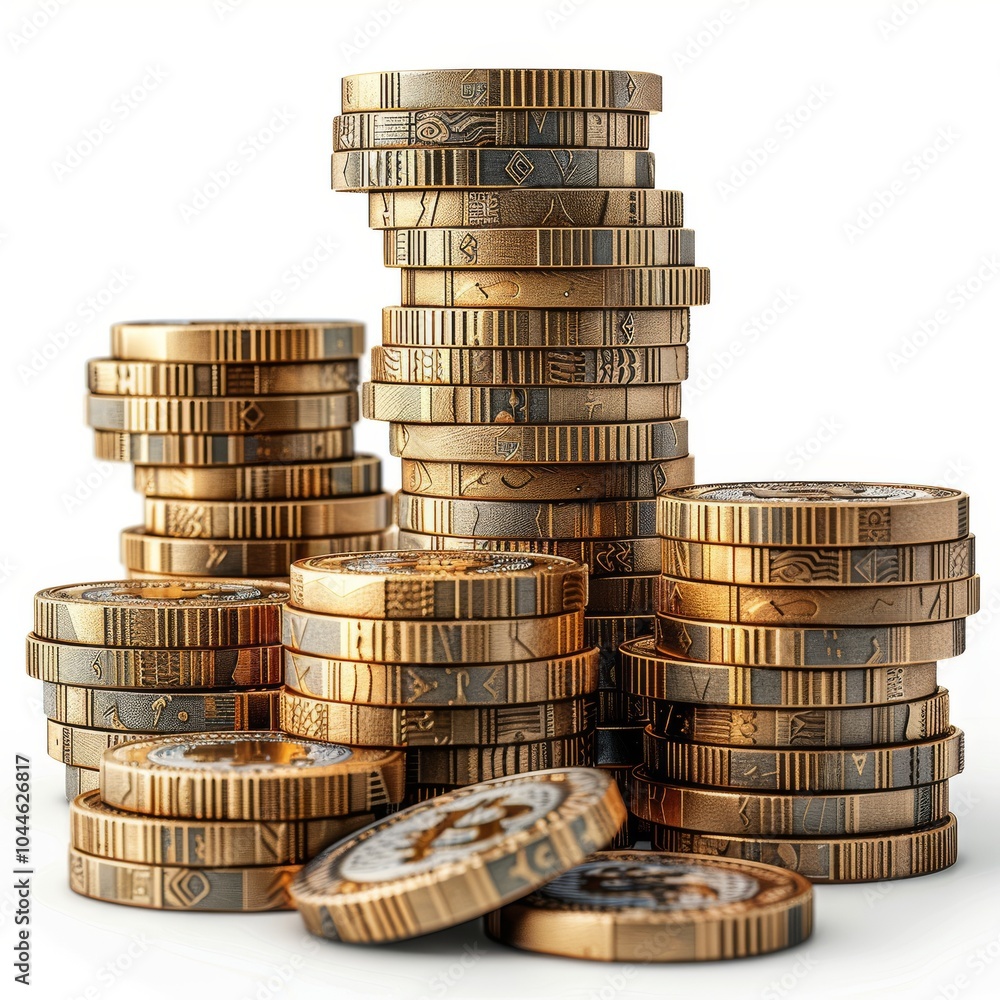 Poster stacked coins and banknotes in 3d format