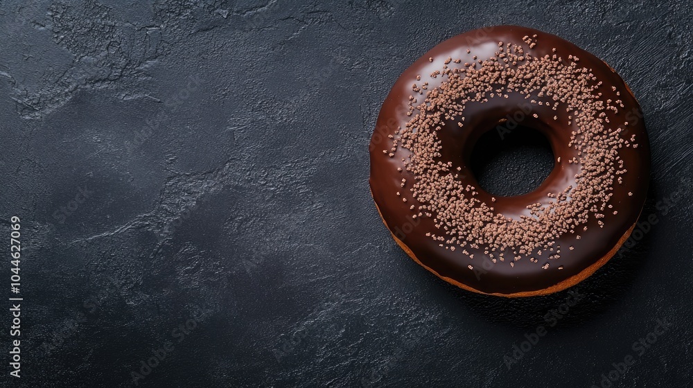 Poster chocolate donut on a dark backdrop seen from above flat lay composition with ample space for text