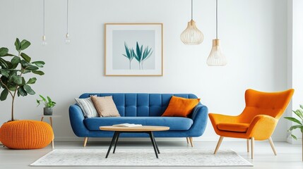 Blue sofa and orange lounge chair set against a white wall featuring an art frame showcasing a Scandinavian style modern living room interior