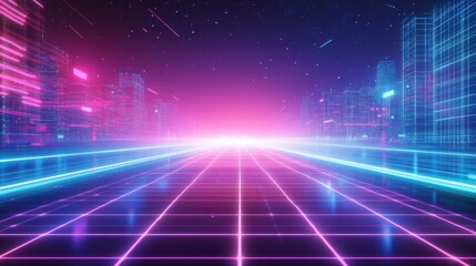A retro 80s-inspired graphic background with neon lines, grids, and glowing elements, evoking nostalgia and a futuristic vibe for tech and gaming visuals