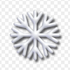 Vector 3d plastic white snowflake icon isolated on transparent background. Christmas and New Year holiday decoration