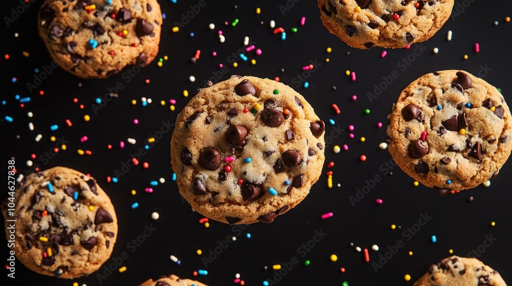 Poster dynamic capture of chocolate chip cookies with vibrant sprinkles floating creating a playful and ima