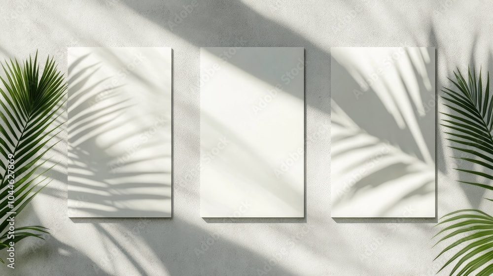 Poster three blank vertical rectangle poster or card mockups featuring soft shadows of palm tree leaves and