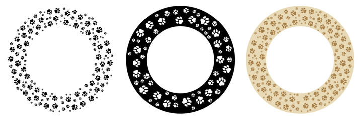 Pet paw print round frame collection. Cute circle borders different style. Dog or cat footprint trail  © Marina