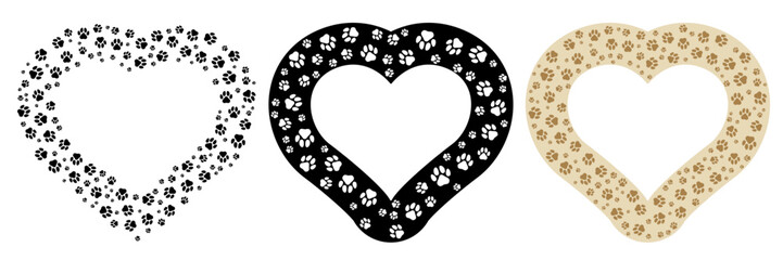 AnimPet paw print frame collection. Heart shape cute borders different style. Dog or cat footprint trail 