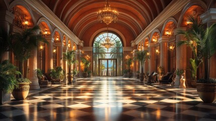 Fototapeta premium Elegant hotel lobby with chandeliers and lush greenery.