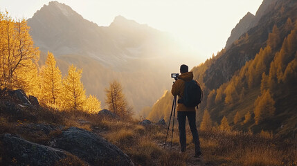 Obraz premium Enjoying National Hiking Day in the mountains while capturing autumn landscape at sunset